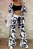 White Casual Print Bandage Patchwork Slit Long Sleeve Two Pieces