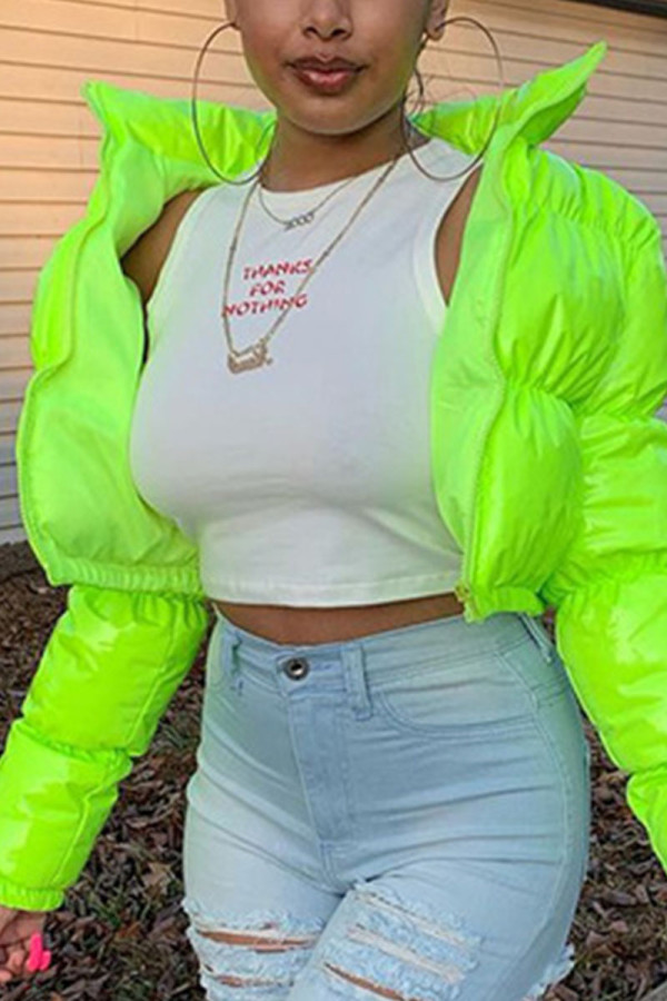 Fluorescent green Casual Solid O Neck Outerwear
