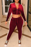 Red Casual Solid Patchwork Zipper Zipper Collar Long Sleeve Two Pieces