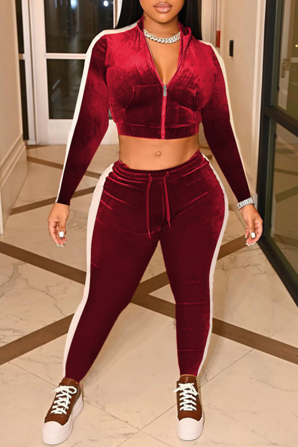 Red Casual Solid Patchwork Zipper Zipper Collar Long Sleeve Two Pieces