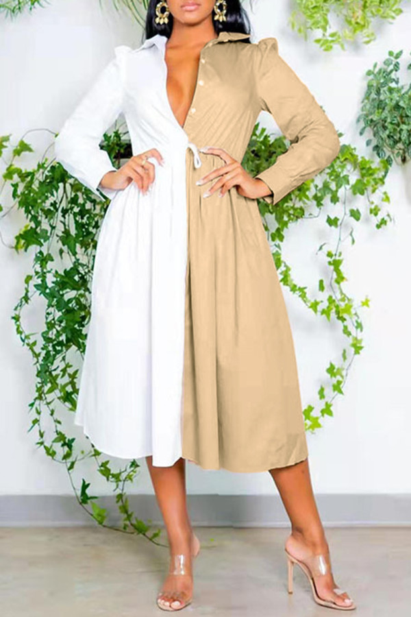 Khaki Fashion Casual Patchwork Basic Turndown Collar Shirt Dress