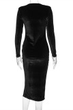 Black Fashion Casual Solid Slit O Neck Long Sleeve Dresses