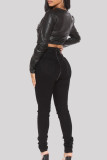 Black Fashion Casual Solid Bandage O Neck Tops
