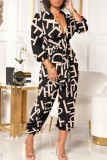 Black White Casual Print Bandage Patchwork Fold V Neck Straight Jumpsuits