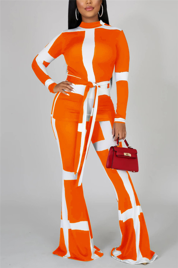 Orange Fashion Casual Long Sleeve Turtleneck Regular Sleeve Regular Print Two Pieces