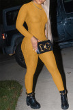 Yellow Fashion Casual Solid See-through O Neck Skinny Jumpsuits