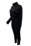 Black Fashion Casual Solid Basic Turndown Collar Long Sleeve Two Pieces