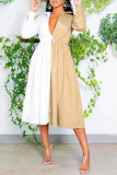 Khaki Fashion Casual Patchwork Basic Turndown Collar Shirt Dress