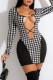 Black Fashion Sexy Patchwork Print Hollowed Out O Neck Long Sleeve Dresses
