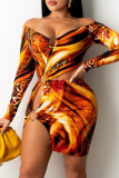 Colour Fashion Sexy Print Hollowed Out V Neck Long Sleeve Dresses