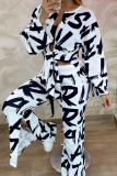 White Casual Print Bandage Patchwork Slit Long Sleeve Two Pieces