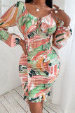 Multicolor Fashion Sexy Print Fold V Neck Long Sleeve Dresses