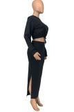 Black Casual Solid Split Joint O Neck Long Sleeve Two Pieces