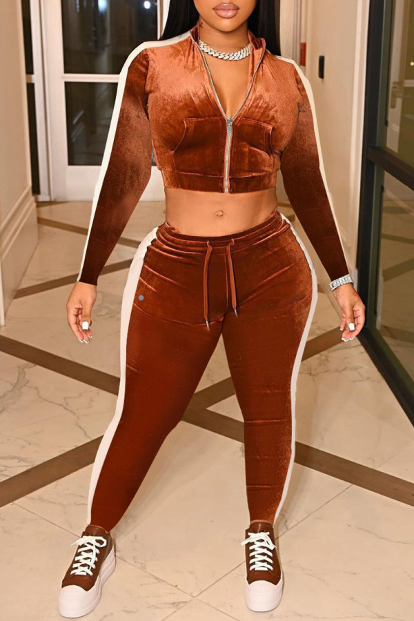 Caramel Colour Casual Solid Patchwork Zipper Zipper Collar Long Sleeve Two Pieces
