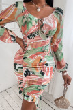Multicolor Fashion Sexy Print Fold V Neck Long Sleeve Dresses