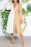 Khaki Fashion Casual Patchwork Basic Turndown Collar Shirt Dress