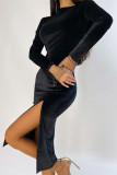 Black Fashion Casual Solid Slit O Neck Long Sleeve Dresses