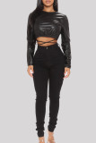 Black Fashion Casual Solid Bandage O Neck Tops