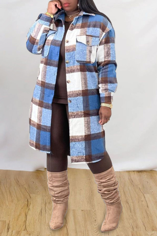 Blue Casual Plaid Patchwork Peter Pan Collar Outerwear