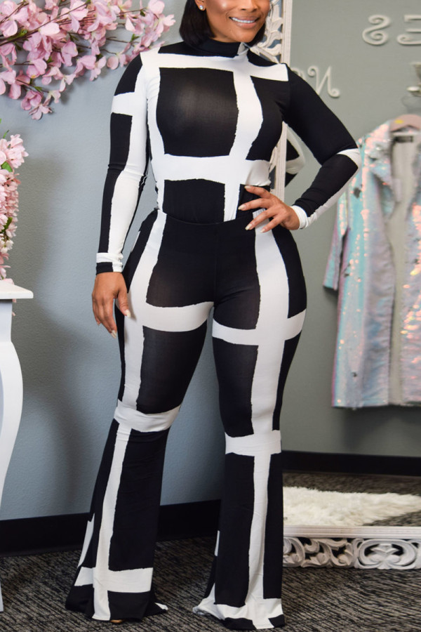 Black Fashion Casual Long Sleeve Turtleneck Regular Sleeve Regular Print Two Pieces