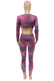 Rose Purple Fashion Sexy Print Hollowed Out V Neck Skinny Jumpsuits