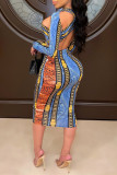 Multicolor Fashion Sexy Print Hollowed Out Backless V Neck A Line Dresses