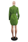 Green Fashion Casual Solid With Belt Turndown Collar Long Sleeve Dresses