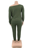 Army Green Fashion Casual Solid Basic Oblique Collar Plus Size Two Pieces