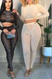 Black Sexy Solid Patchwork Hot Drill O Neck Long Sleeve Two Pieces