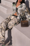 Multicolor Street Print Patchwork Buckle Turndown Collar Long Sleeve Two Pieces