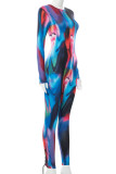 Colour Sexy Print Patchwork O Neck Skinny Jumpsuits