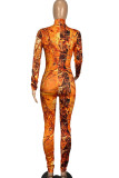 Orange Elegant Print Turtleneck Skinny Jumpsuits