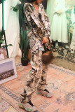 Multicolor Street Print Patchwork Buckle Turndown Collar Long Sleeve Two Pieces