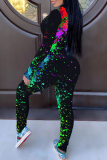 Yellow Street Print Patchwork Zipper Collar Skinny Jumpsuits