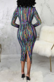 Multicolor Sexy Striped Print Split Joint With Belt Turndown Collar One Step Skirt Dresses