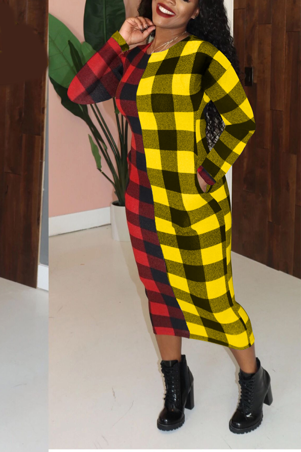 Red Yellow Plaid Patchwork O Neck Wrapped Skirt Dresses
