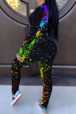 Yellow Street Print Patchwork Zipper Collar Skinny Jumpsuits