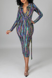 Multicolor Sexy Striped Print Split Joint With Belt Turndown Collar One Step Skirt Dresses