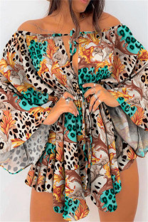 Multicolor Fashion Casual Print Leopard Bandage Hollowed Out Off the Shoulder Irregular Dress