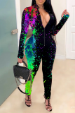 Yellow Street Print Patchwork Zipper Collar Skinny Jumpsuits