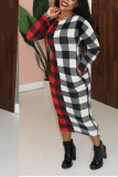 Red Yellow Plaid Patchwork O Neck Wrapped Skirt Dresses