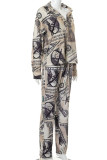 Multicolor Street Print Patchwork Buckle Turndown Collar Long Sleeve Two Pieces