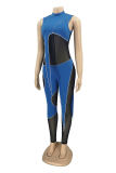 Blue Fashion Sexy Patchwork See-through Turtleneck Skinny Jumpsuits