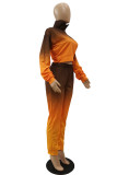 Orange Fashion Casual Gradual Change Print Basic Hooded Collar Long Sleeve Two Pieces