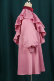 Pink Sweet Solid Split Joint Flounce Fold Half A Turtleneck A Line Dresses