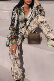 Multicolor Street Print Patchwork Buckle Turndown Collar Long Sleeve Two Pieces
