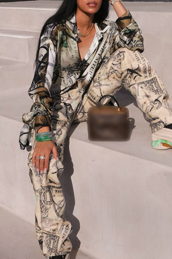 Multicolor Street Print Patchwork Buckle Turndown Collar Long Sleeve Two Pieces
