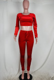 Red Casual Solid Patchwork O Neck Long Sleeve Two Pieces