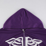 Purple Street Print Patchwork Zipper Hooded Collar Outerwear