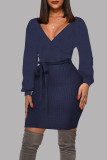 Deep Blue Fashion Casual Solid Basic V Neck Long Sleeve Dresses